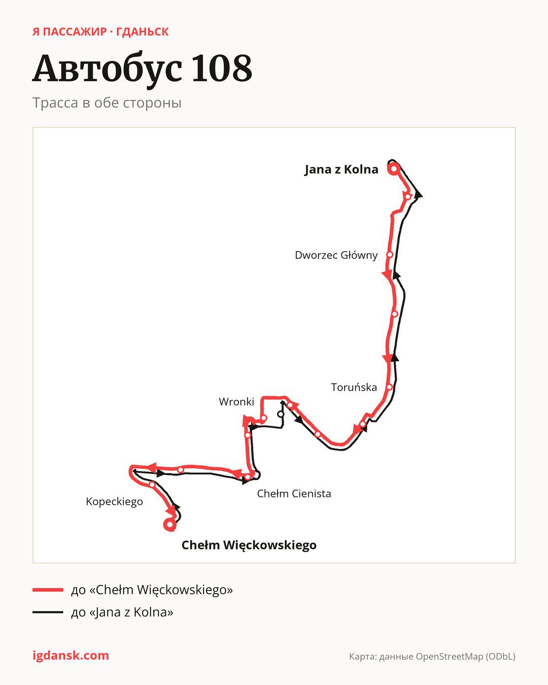Автобус 108 в Гданьске на карте: трасса в обе стороны