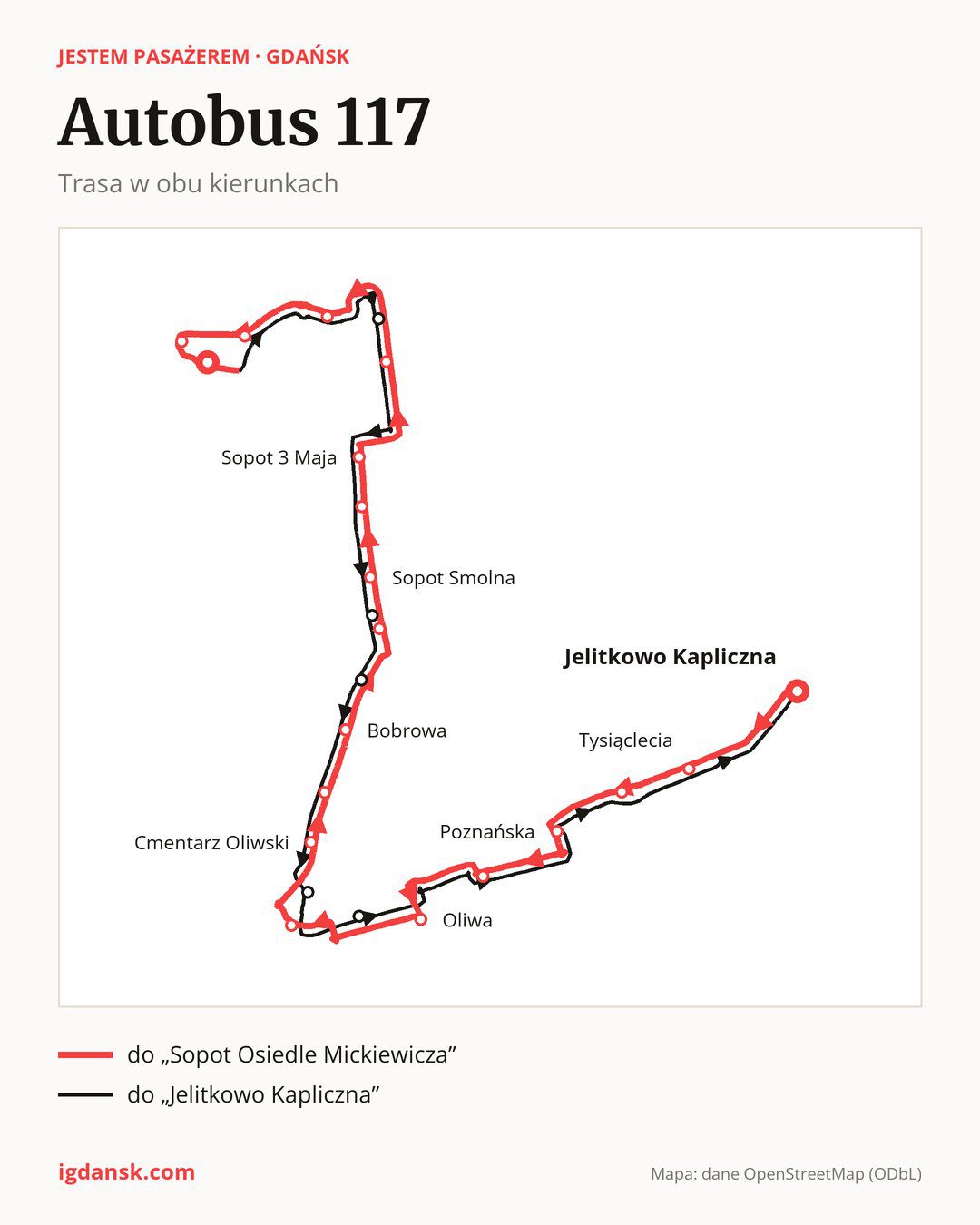Autobus 117 w Gdańsku na mapie: trasa w obu kierunkach