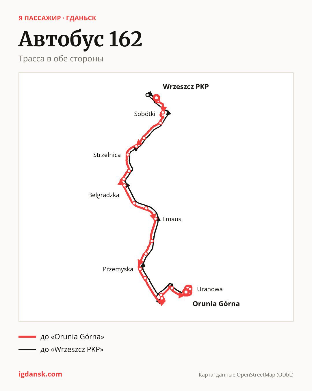 Автобус 162 в Гданьске на карте: трасса в обе стороны