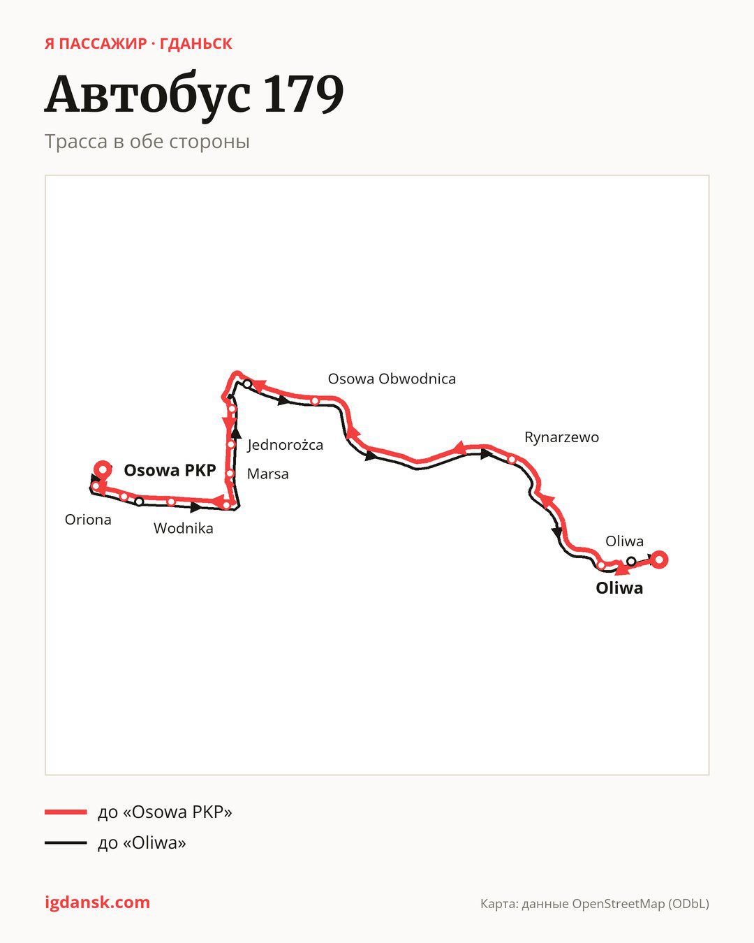 Автобус 179 в Гданьске на карте: трасса в обе стороны